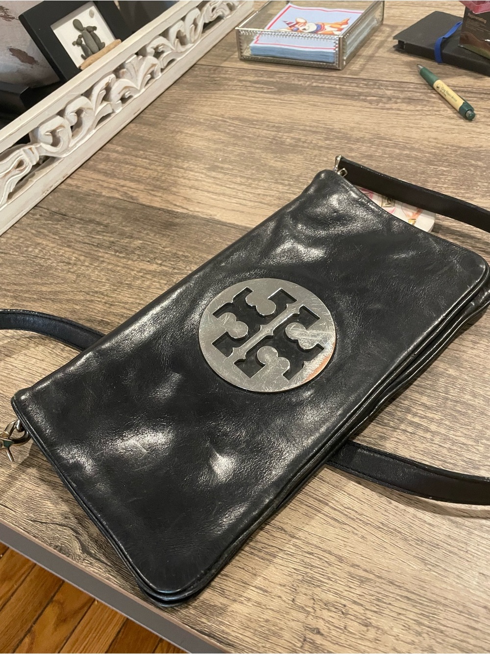Tory Burch Black Leather Crossbody with Silver Logo